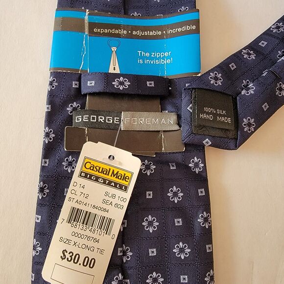 George Foreman X-Long Tie Navy w/ Squares & Flowers - 100% Silk NWT - Picture 5 of 5